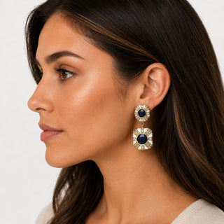 Byzantine Medallion Drop Earrings in Navy & White