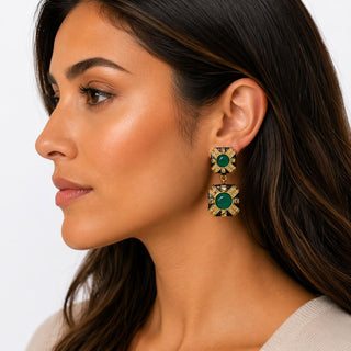 Byzantine Medallion Drop Earrings in Black & Green, alternate view