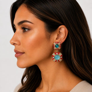 Byzantine Medallion Drop Earrings in Red & Turquoise