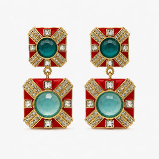 Byzantine Medallion Drop Earrings in Red & Turquoise, alternate view