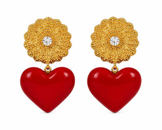 Golden Medallion Heart Drop Earrings — gold filigree stud with crystal center and red heart drop, close-up