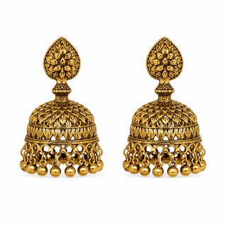 Antique Gold Jhumka Earrings — antique gold domed jhumka earring with beaded fringe, close-up