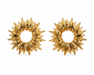 Golden Sunburst Hoop Earrings — gold spiked sunburst hoop earring pair