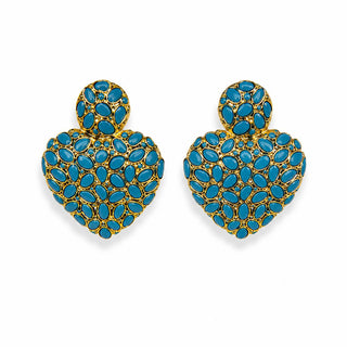 Turquoise Pavé Heart Earrings — gold heart drop earring pair paved with turquoise cabochon stones