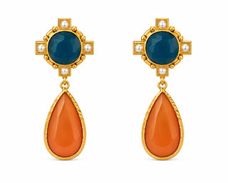 Blue & Orange Stone Drop Earrings — blue stone stud with orange teardrop stone drop, close-up