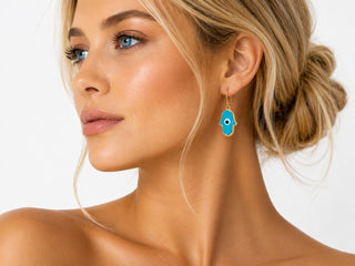 Turquoise Glass Hamsa Evil Eye Earrings