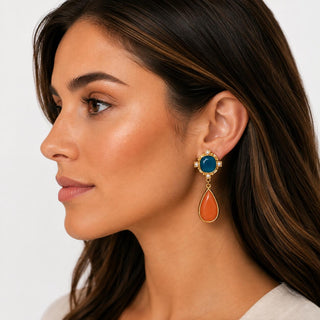 Model wearing Blue & Orange Stone Drop Earrings — blue stone stud with orange teardrop stone drop