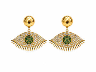 Crystal Evil Eye Drop Earrings — gold ball stud with pavé crystal evil eye drop, close-up