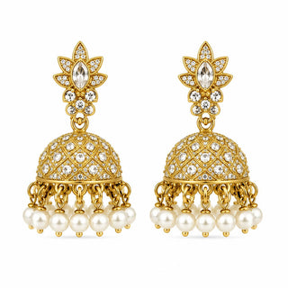 Gold-tone crystal star pavé jhumka earrings with faux pearl fringe, close-up