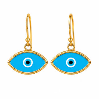 Turquoise Glass Eye Drop Earrings — gold-framed turquoise glass evil eye drop, close-up