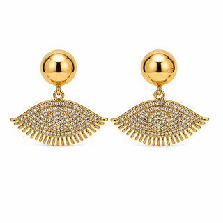 Gold-tone winking eye earrings with pavé faux crystals, close-up