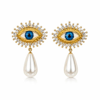 Evil Eye Pearl Drop Earrings — gold evil eye stud with crystal rays and faux pearl drop, close-up