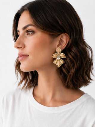 Fleur-de-lis Earrings — gold crystal fleur-de-lis studs, Beige colorway