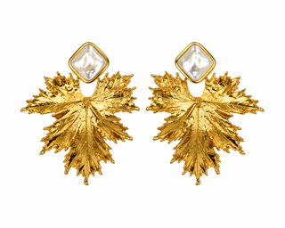 Gilded palm leaf earrings with faux pearl detail, close-up