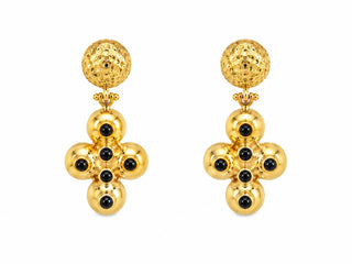 Golden Cross Black Stone Earrings — gold cross drop earring with black stone accents, close-up