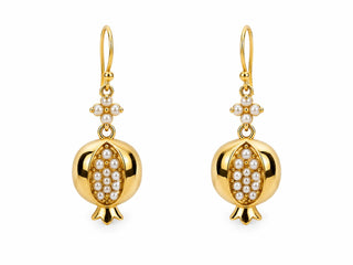 Golden Pomegranate Pearl Earrings — gold pomegranate charm with faux pearl cluster, close-up