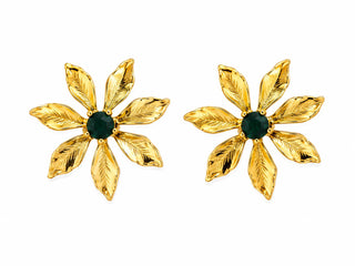 Golden Flower Green Stone Earrings — gold flower stud with green stone center, close-up