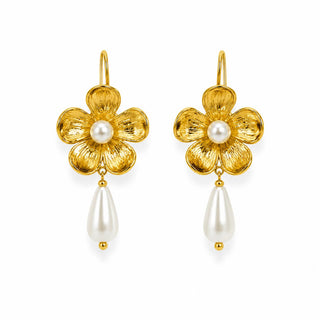 Golden Flower Pearl Drop Earrings — gold flower earring with faux pearl center and teardrop, close-up