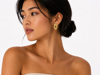 Golden Hamsa Green Stone Earrings