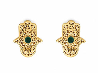 Golden Hamsa Green Stone Earrings — gold cut-out Hamsa hand earring with green stone center