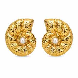Gold-tone spiral seashell stud earrings with faux pearl center, close-up