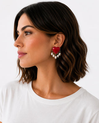 Red Heart Pearl Fringe Earrings