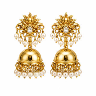 Antique gold-tone lotus jhumka earrings with faux pearl fringe, close-up