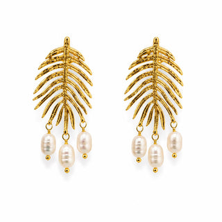 Palm Leaf Pearl Drop Earrings — gold palm leaf earring with faux pearl drops, close-up