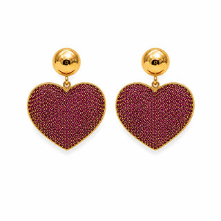 Pink Beaded Heart Drop Earrings — gold ball stud with fuchsia beaded heart drop, close-up