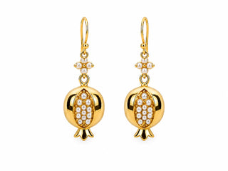 Golden Pomegranate Pearl Earrings — gold pomegranate charm with faux pearl cluster, close-up