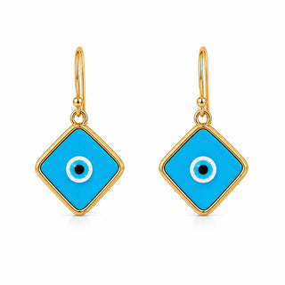Diamond Cut Turquoise Glass Eye Earrings — gold-framed diamond-shaped turquoise glass evil eye, close-up
