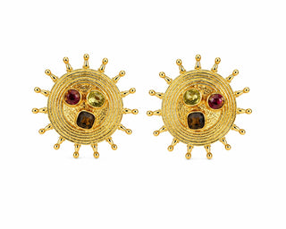 Golden Sun Medallion Gemstone Earrings — gold sun medallion earring with gemstone-tone accents, close-up
