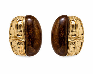 Tiger's Eye Half Moon Earrings in gold, close-up