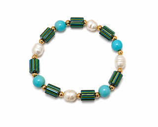 Turquoise, faux pearl, and iridescent bamboo bead stretch bracelet, close-up