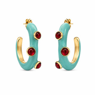 Turquoise enamel gold-tone hoop earrings with faux garnet stones, close-up