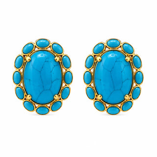 Turquoise Halo Stud Earrings — turquoise cabochon stud with turquoise stone halo, close-up